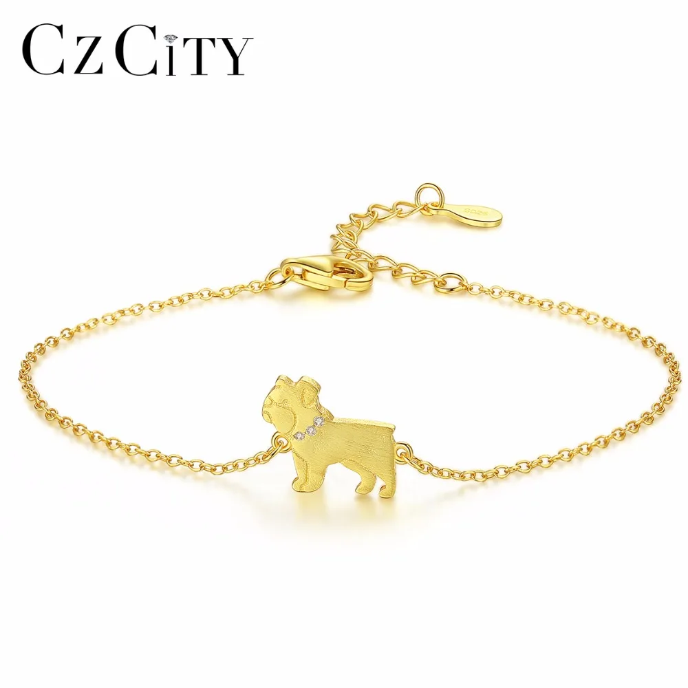 CZCITY 18K Gold Plated 925 Sterling Silver Pug Dog Bracelets Bangles for Women Lovely Animal Link Charm Bracelets Jewelry Gift