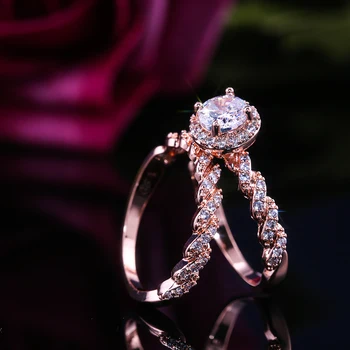 

Huitan Engagement 2PC Bridal RIngs Rose Gold Color Twist Winding Design With Cubic Zircon Luxury Midi proposal Ring Sets Hot