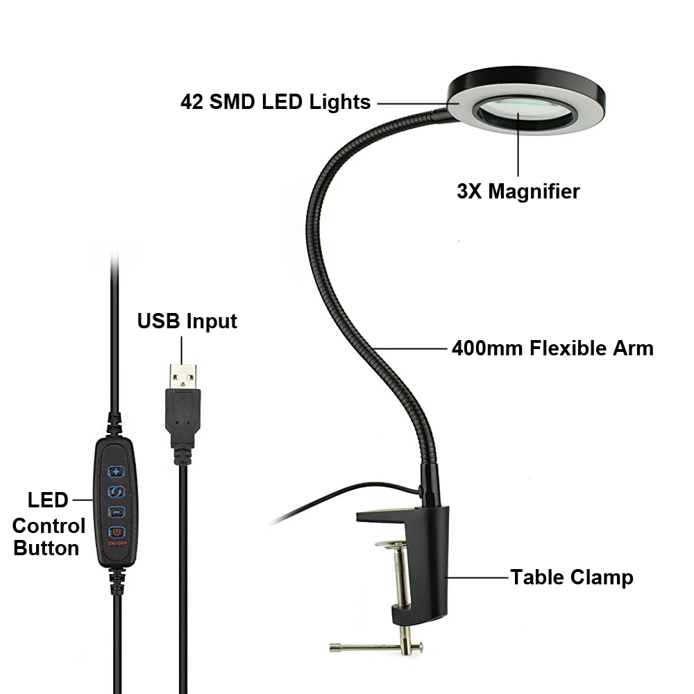 NEWACALOX USB 3X/5X тиски, стол Зажимная Лупа светодиодный свет Гибкая Настольная лампа для чтения рабочее освещение увеличительное стекло