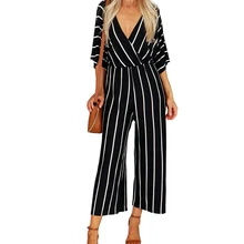 Ladies Sexy Striped Jumpsuit Autumn Jumpsuit 3XL Ladies White Black Jumpsuit Wide Leg Pants bardot frill trim wide leg jumpsuit