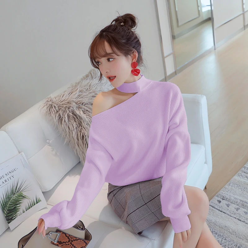 Fashion Pullover Full Sleeve Solid Knitted Women Sexy Off Shoulder Slash Neck Jumper Design Thick Sweaters Casual Loose