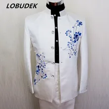 Мужские костюмы костюм белое синее фарфоровое стоячий воротник мужской комплект одежды костюм для певицы Свадебный Выпускной вечернее платье жениха