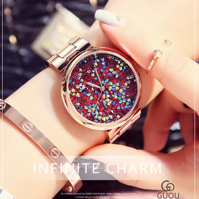 

GUOU Red Rhinestone Dial Women Watch Quartz Gold Plated Bracelet Stainless Steel Strap Micro Pave Zircon Waterproof Wristwatches