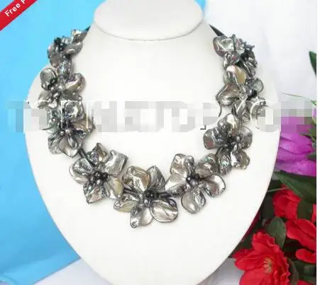 

Wholesale price 16new ^^^^^^ Nine flower bloom Baroque black shell pearls choker leather necklace E1190