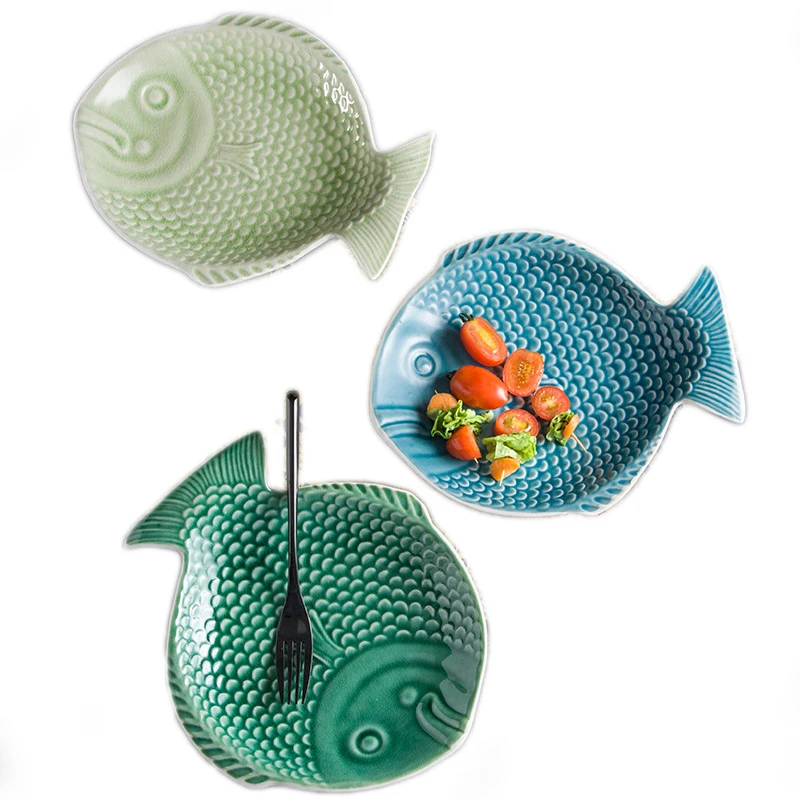 

Ceramic Plate Food Tray Fish Shape Dish Hot Pot Serving Plate Snack Salad Flat Tableware Embossment Soild Dinner Utensils 1pcs