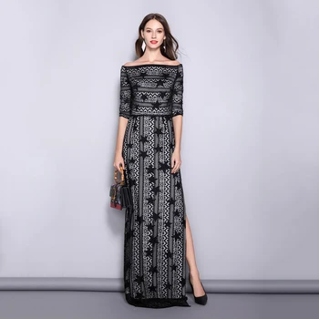 

Floor Length Elegant Evening Dress Black Lace 1/2 Sleeve Formal Party Dresses Robe De Soiree A Line Split Prom Gowns Long