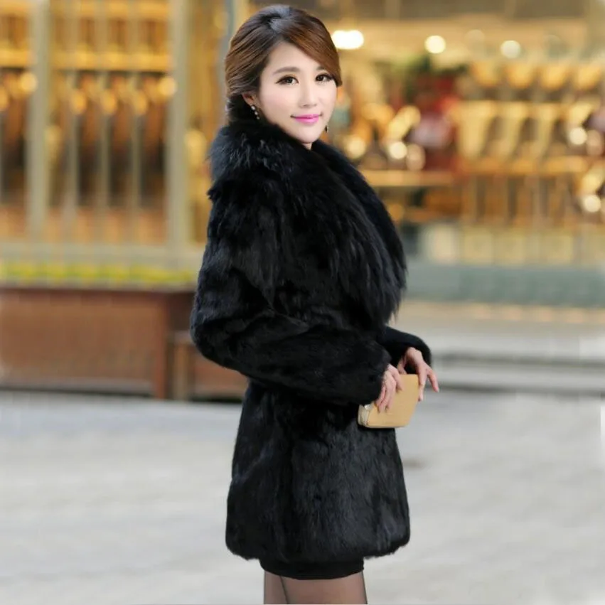 

Winter women fashion elegant fox fur collar Faux mink coats Slim long plush jackets Black high-end luxurious leather overcoats