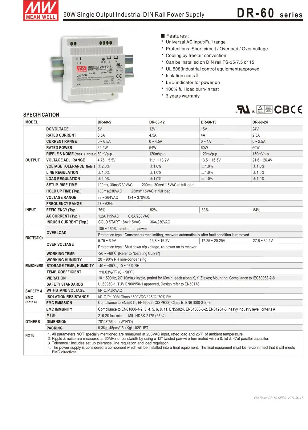 1 упаковка) Meanwell 60 Вт промышленный din-рейку источник питания HDR-60-24V/5/12/15/48 1,25/2.5A 4/4. 5/6. 5A тонкий 91% высокая эффективность DR/MDR