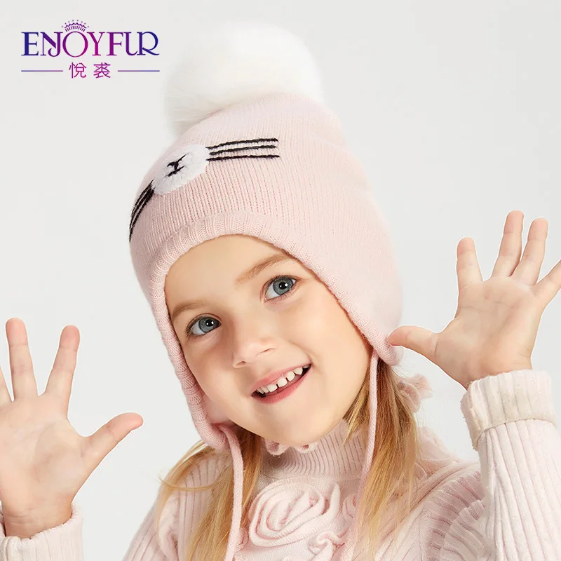 ENJOYFUR зимняя детская шапка для мальчиков и девочек, шапки с лисьим мехом, помпонами и хлопковой подкладкой, детские шапки с ушами для детей 2-8 лет