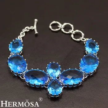 

925 Sterling Silver Color Women Bracelet LINKS 8.25 Inch Ocean BlueTopaz Delicate Natural Stone Free Shipping