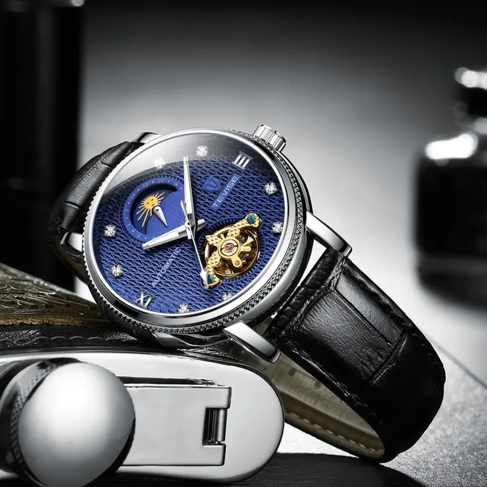 Модные деловые автоматические часы TEVISE механические Moon Phase Tourbillon Montre Homme Automatique