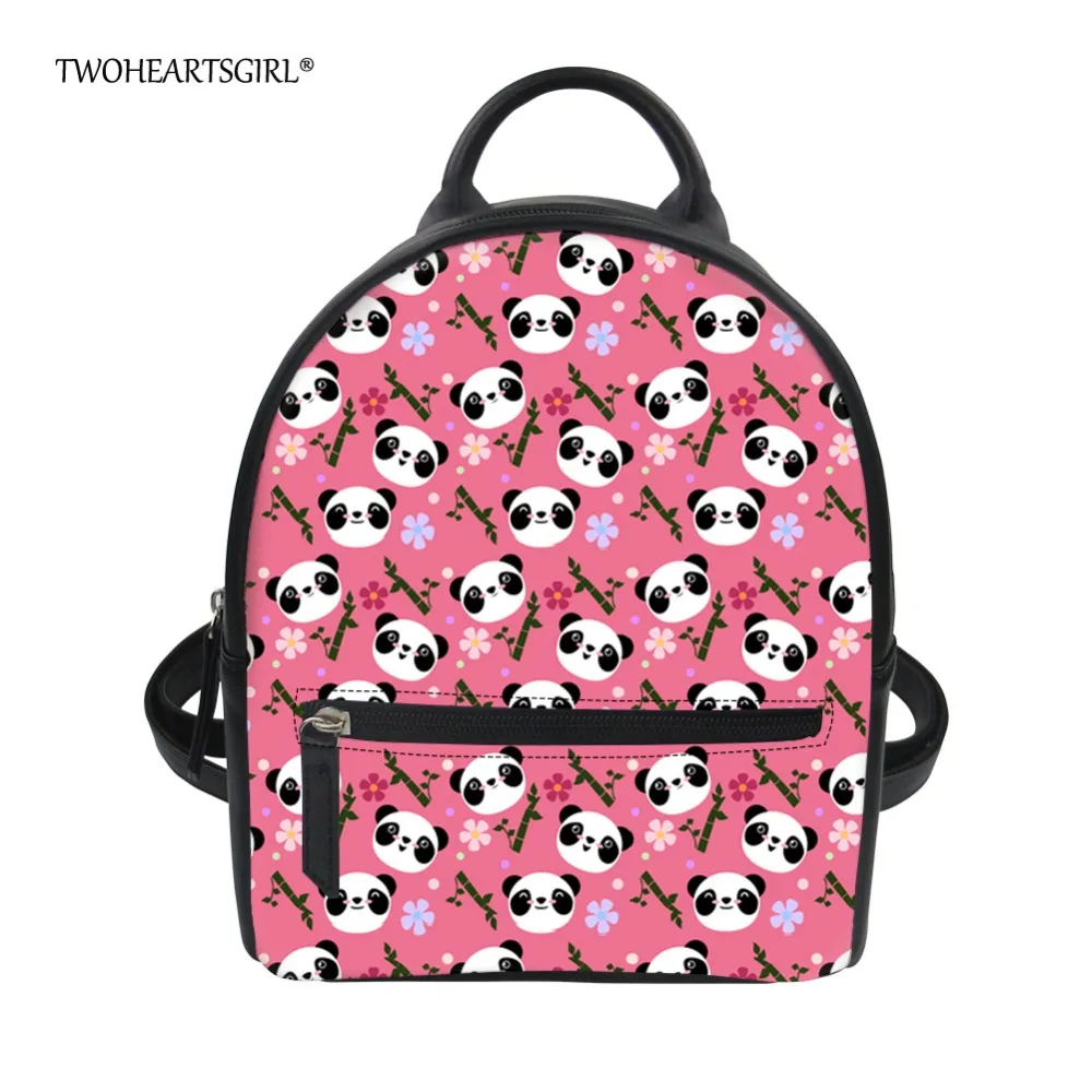 #*Cheap Twoheartsgirl Pink Min Women Pu Leather Backpack Cute Panda Print School Backpack for College Girls Small Ladies Backbags