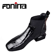 

FONIRRA Chic Patent Leather Rock Ankle Boots Women Block Low Heel Plus Size 35-42 Rock Shoes Shiny Autumn Winter Boots 002