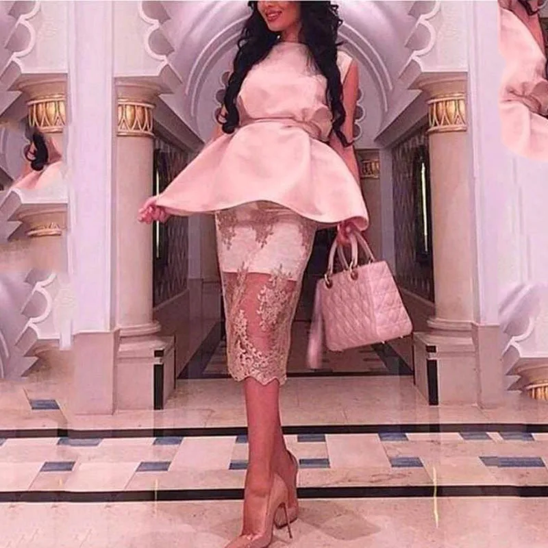 

2015 Latest Arabic Straight Fashion Lace Sheath Peplum Elegant Knee Length Sleeveless short Prom dresses Party Gowns
