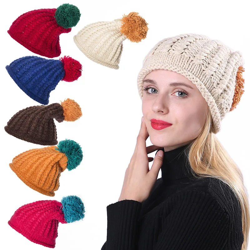 Для женщин зимние теплые мяч кепки Pom шапка с помпоном обувь для девочек толстый вязаный Skullies шапочки s JL