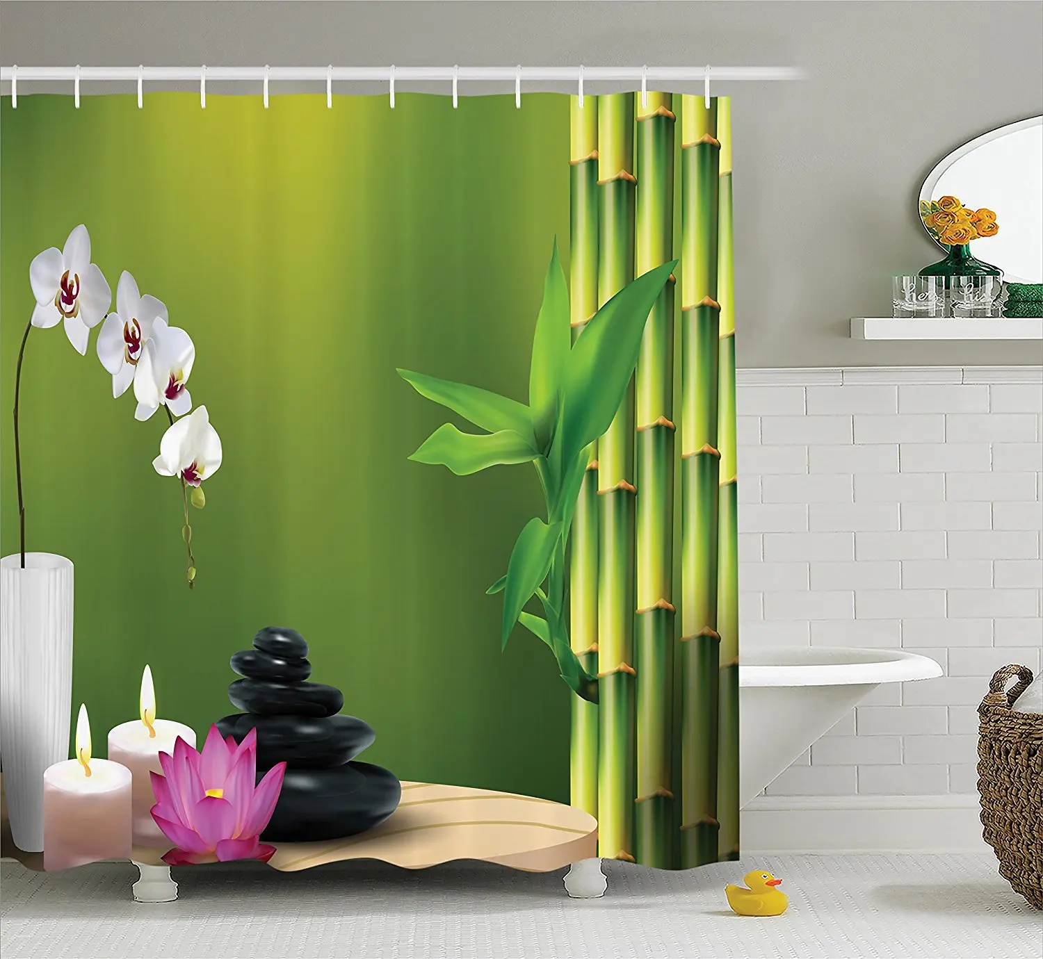 Spa Decor Shower Curtain Bamboo Flower Stone Wax on the Table Orchid