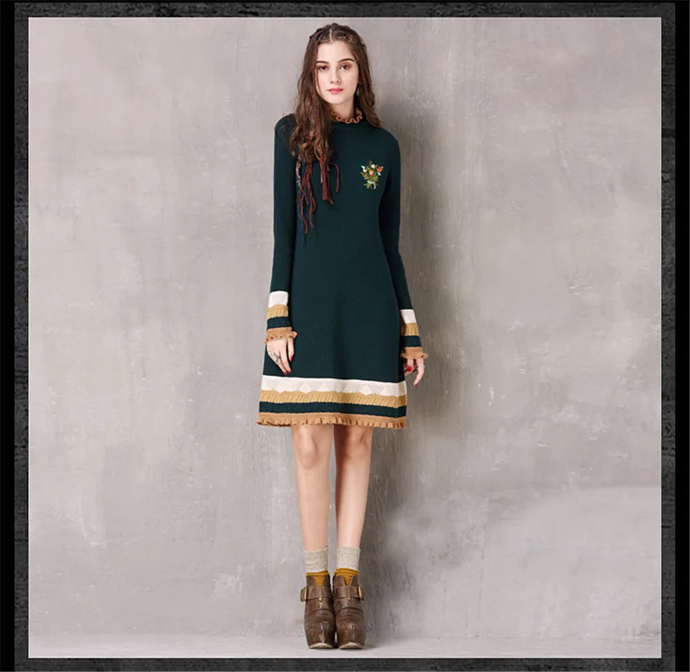 Vintage Winter Sweater Dress Women Green Casual Elasticity Cotton Dresses Autumn Knitting Ruffles-Neck Long Sleeve Dresses (12)