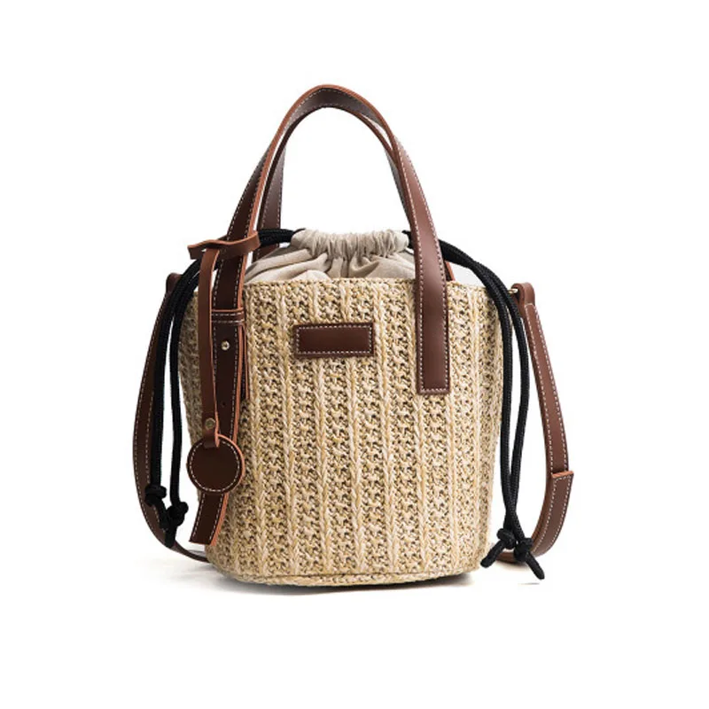 

LJQEAST Round straw bag Moroccan palm basket ladies handbag beach bag natural fabric bucket small shoulder bag Round bag