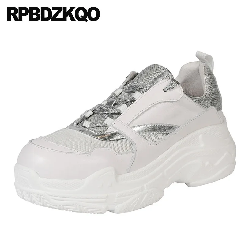 

Breathable Genuine Leather Footwear Creepers Walking Blue Mesh Sneakers Trainers Platform Designer Shoes Women Luxury 2019 Wedge