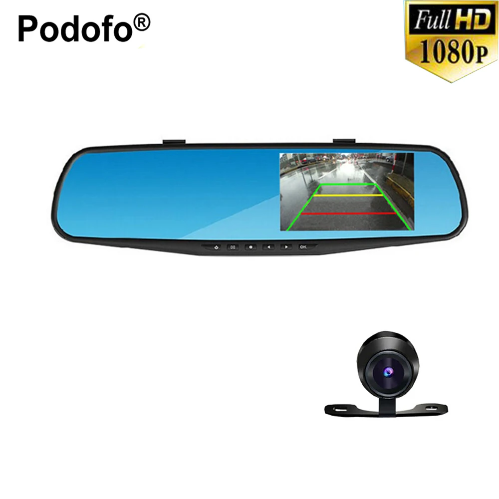 

Podofo 4.3" Dual Lens Car DVR Rear View Camera FullHD 1080P Car Camera Rearview Mirror Detector Registrator Night Vision Dashcam