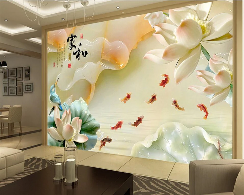 

Beibehang 3D photo wallpaper jade carved lotus fish murals bedroom living room sofa TV background wallpaper for walls 3 d