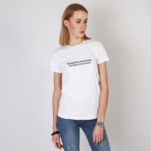 Porzingis/Новая модная женская футболка, Летний принт в виде русских букв, вызов пожарных, потому что я огонь, хлопковая повседневная женская футболка - Цвет: SW-328
