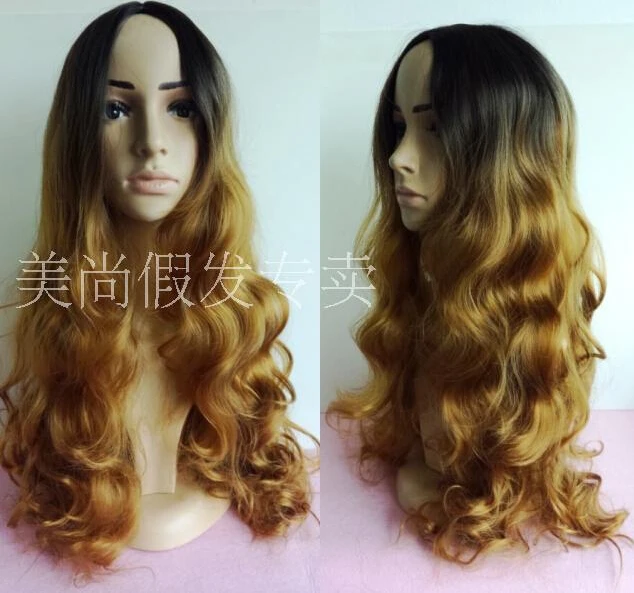 

2016 Ombre Wig Cheap Wigs Fashion Wig Wave Female Elegant Wigs Beauty Wavy Synthetic two-tone 2R30 Wholesale Free Shipping