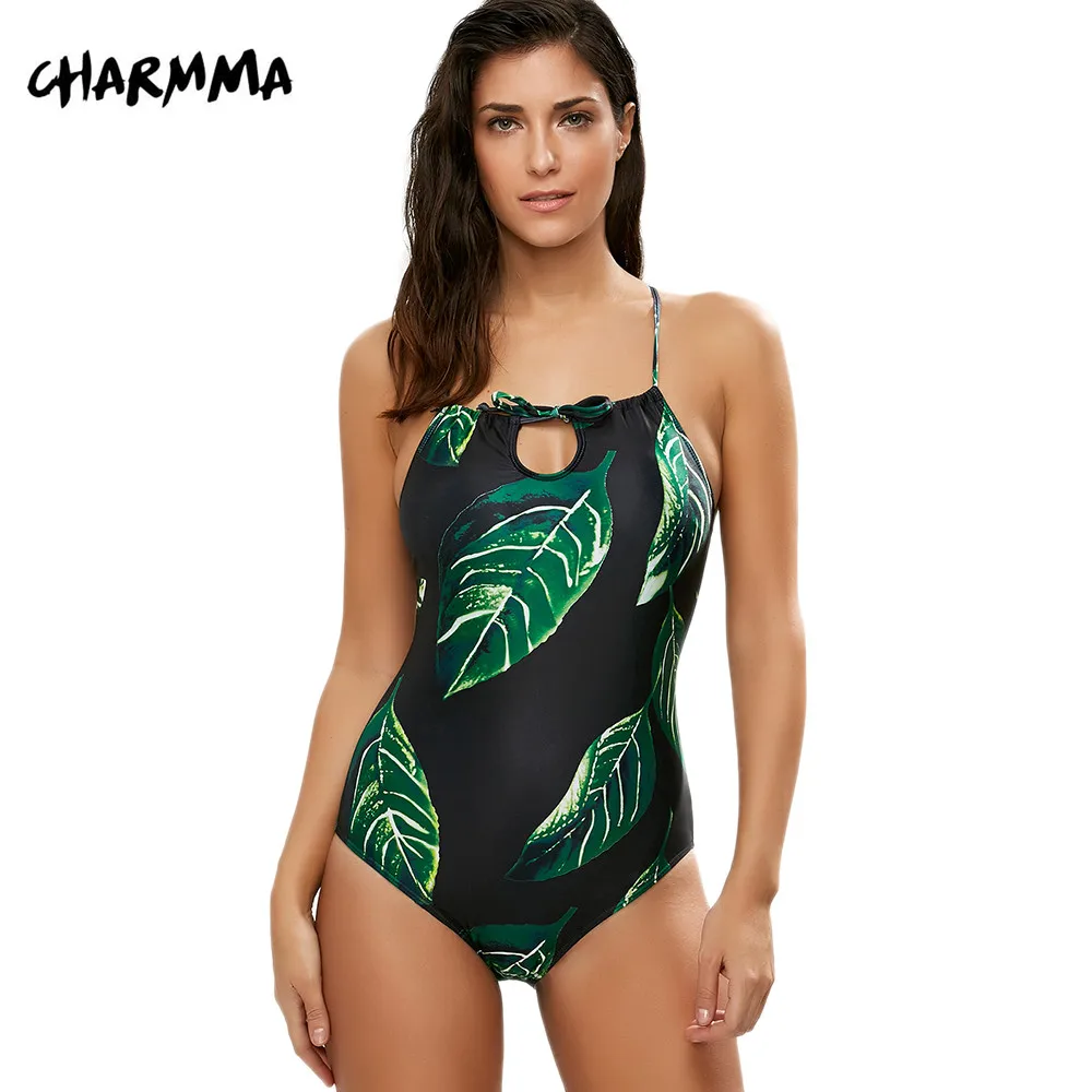 

CharMma One Piece Swimsuit 2017 Sexy Swimwear Women Bathing Suit Halter Lace-up Leaf Print Bandage Backless Monokini Swim Suit