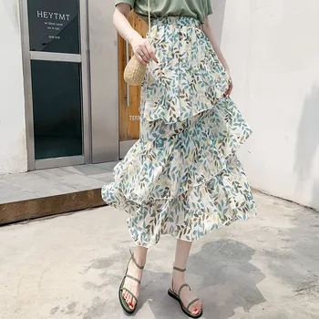 

U-SWEAR Summer Long Skirts Womens Ruffle Chiffon Cake Skirt High Street Beach Style Floral Print Pleated Skirts Female