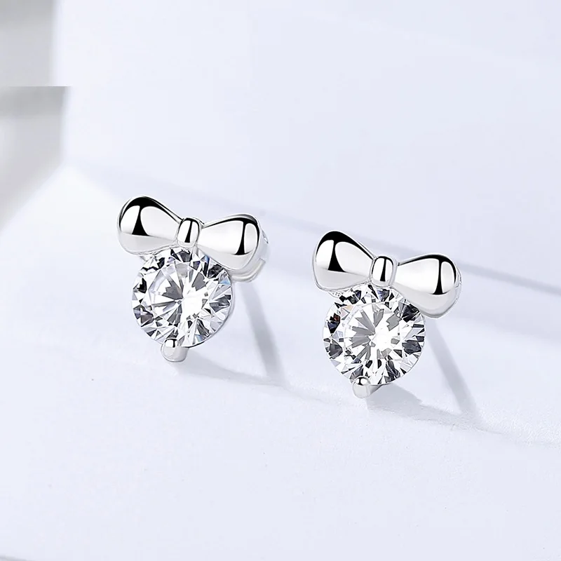 

Genuine 925 sterling silver Fine jewelry cute mini bow with round zircon stone earring studs for women trendy fashion jewelry