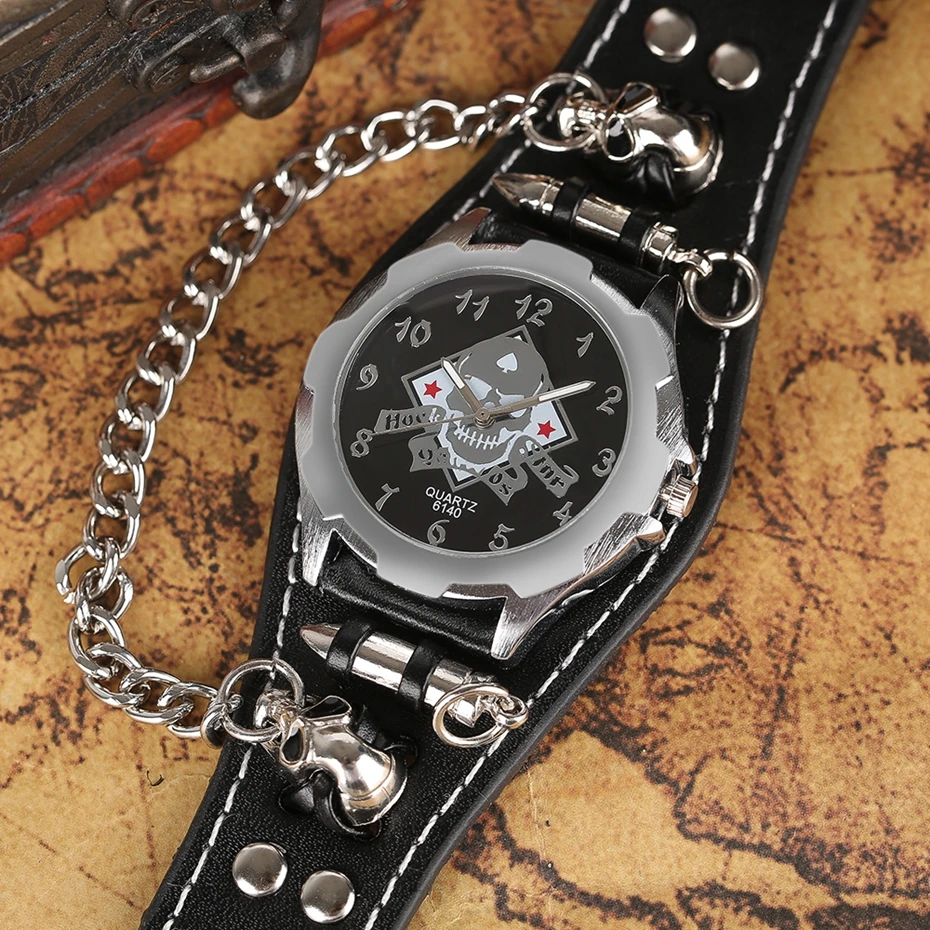 Fashion Gothic Style Creative Watch Men Women Rock Punk Cuff Bullet Chain Quartz Clock with Cool Skull Bracelet Gift Relogio TOP 2017 (13)