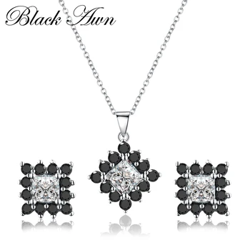 

Genuine 925 Sterling Silver Black&White Stone Pendant Necklaces Stud Earrings Jewelry Sets for Women PT004