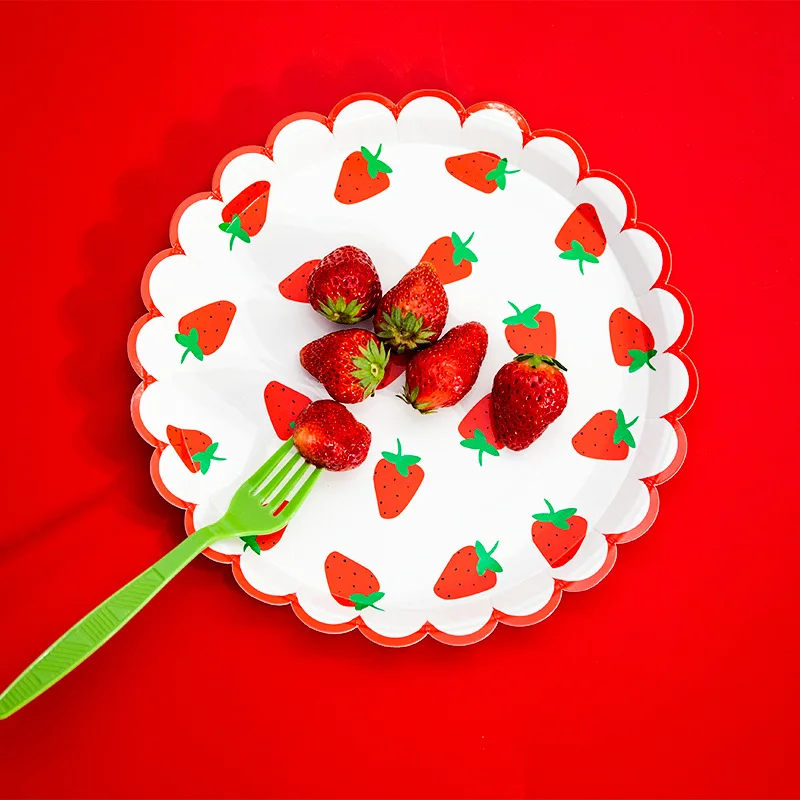Strawberry Pattern Disposable Tableware Gold Foil Paper Plates Cups Baby Shower Birthday Party Wedding Supplies Tableware