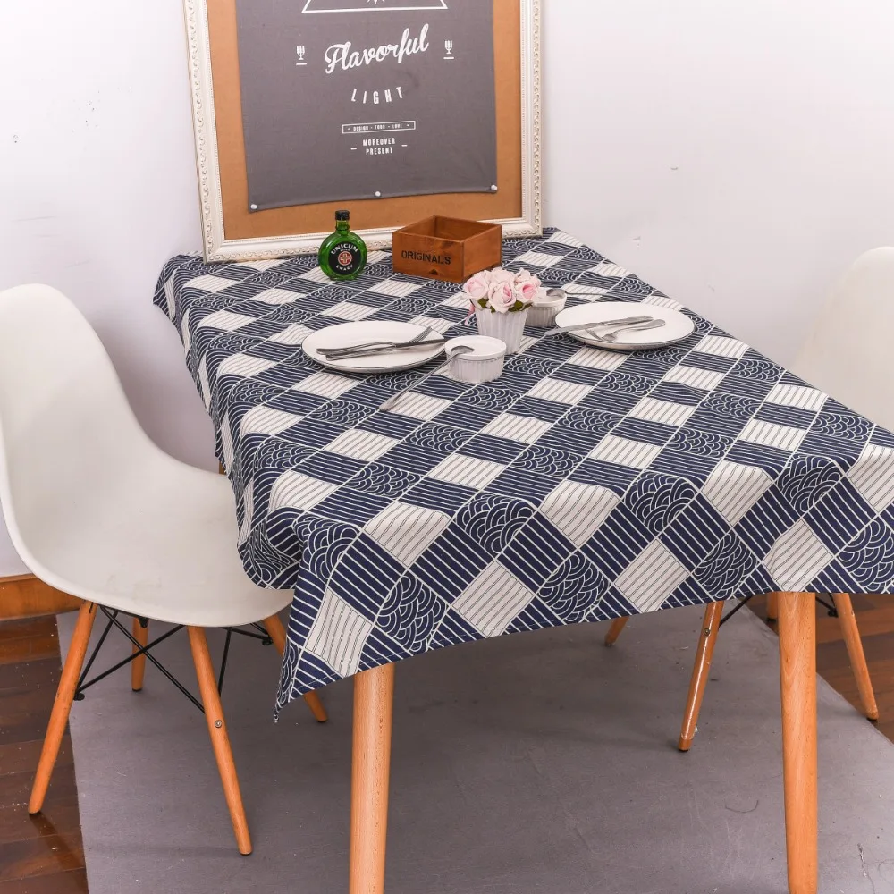 Blue White Cotton Linen Print Diamond Square Line Wave Customed Tablecloth Cover Table Deco 1220c | Дом и сад