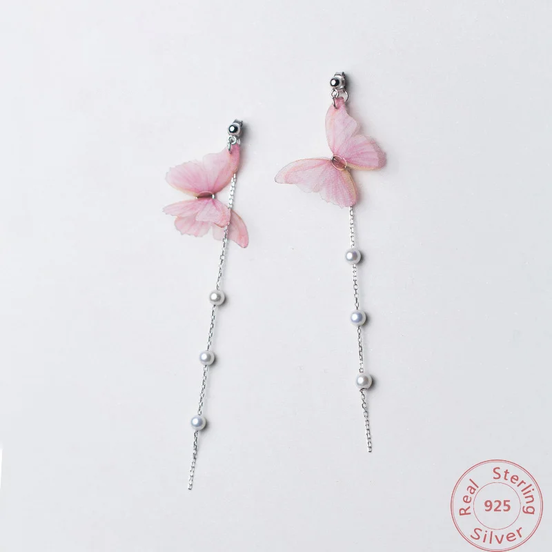 

2019 RomanticPink Butterfly Pearl Earrings 925 Sterling Silver Long Earrings For Women Statement Angel Wings Jewelry