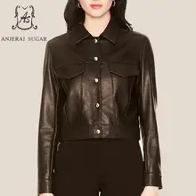 Весенняя Новинка, куртка из натуральной овчины, Женская мотоциклетная, повседневная, черная, сексуальная, тонкая, однобортная, OL, Женская Короткая кожаная куртка