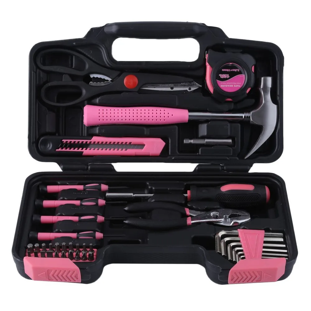 

Pink Multifunctional 39 Piece Tool Set Screwdrivers Tape Measure Household Hand Tool Kit with Plastic Toolbox Storage Case New