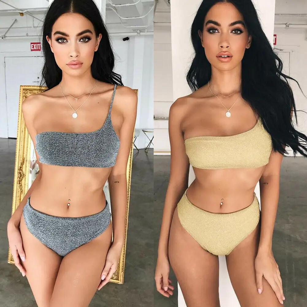 

Triangle Shiny One Shoulder Swimwear Padded Bra Set Swimsuits Lady Bandage Bathing Suit