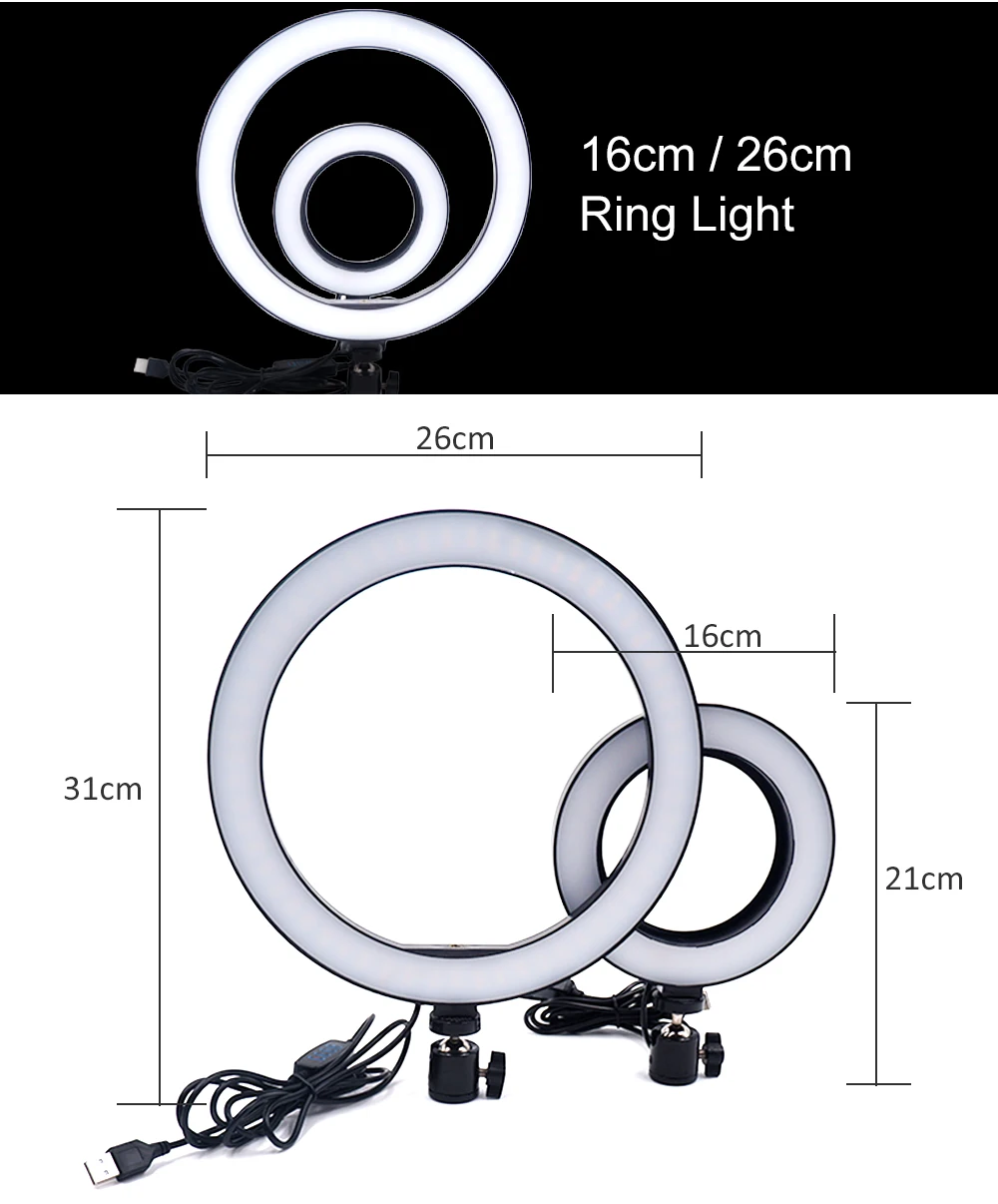 Светодиодный кольцевой светильник для селфи для фотосъемки 16 см/26 см с регулируемой яркостью, кольцевой светильник для камеры, телефона/настольные штативы для макияжа, видеостудии