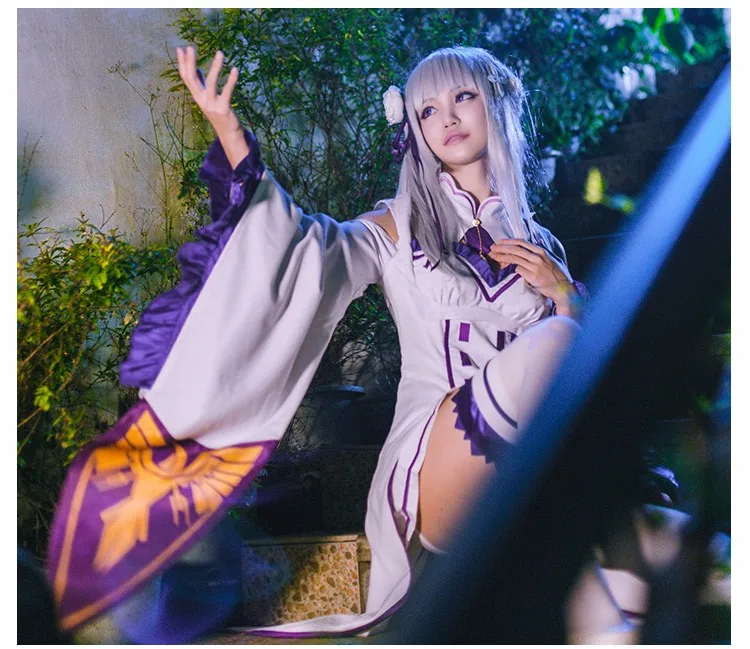 New ReZero kara Hajimeru Isekai Seikatsu Emilia Cosplay Costume Fancy Dress+Elf Ears Halloween Adult Costumes for Women (3)