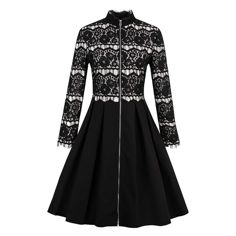 

Sisjuly Autumn Retro Patchwork Lace Dress Knee Length Party Dress Full Sleeve Sexy Black A Line Cardigan Zipper Vintage Dresses