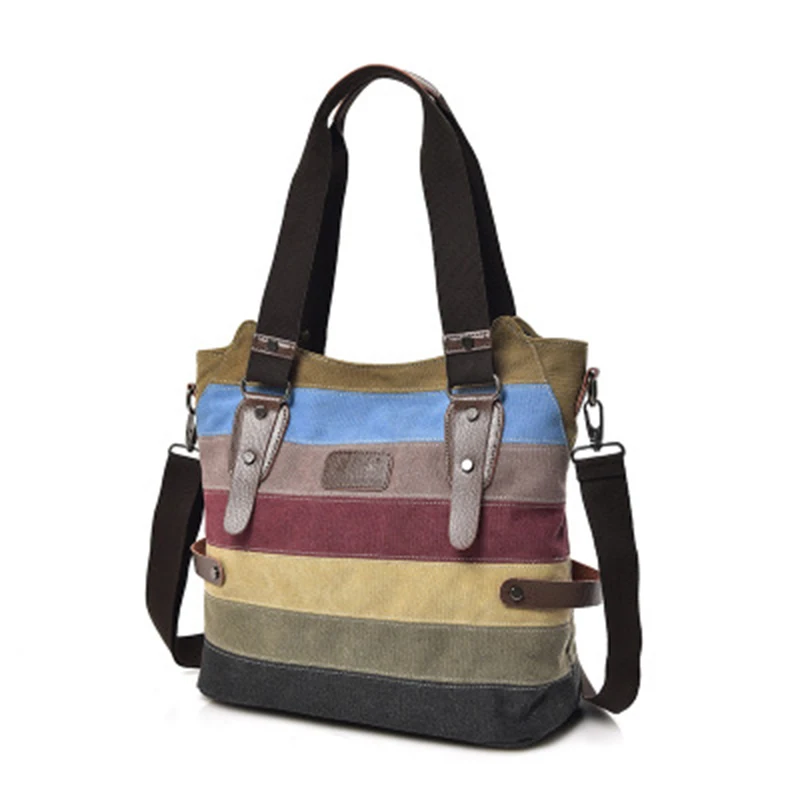 Canvas contrast color shoulder slung female ladies bag Korean version of canvas color striped portable contrast color bag