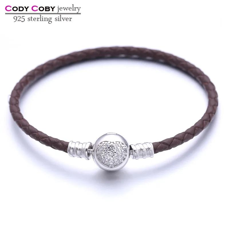 

CODY COBY Brown Leather Beaded Bracelet With 925 Sterling Silver Heart Clasp Charm Bracelets Fit Original Bead For Women Jewelry