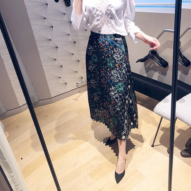 

2019 spring and summer new vintage style floral print women elegant long pleated chiffon skirts