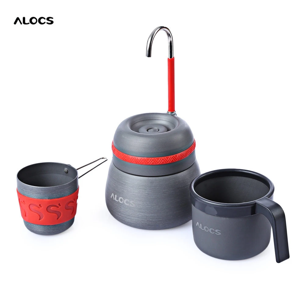 Image ALOCS 350ml Tea Pot Portable Outdoor Camping Aluminum Alloy Thermal Coffee Stove Maker Pot w  2 Cups for Fishing Cooking Picnic