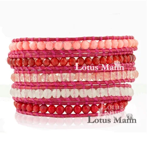 

Lotus Mann Pink is tender pink leather cord/dyeing coral five laps and assorted semi-precious stones bracelet