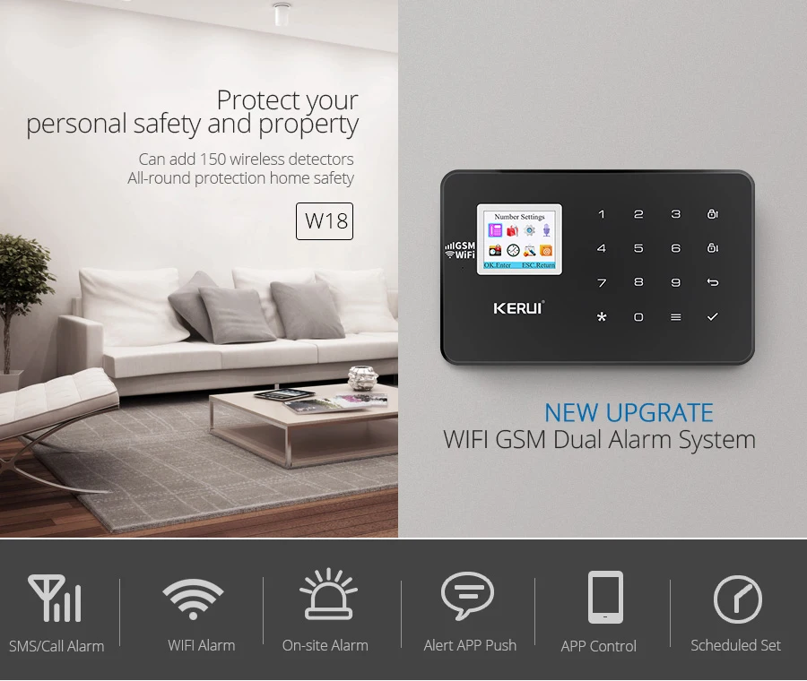 Sistema de Alarme Segurança em Casa sem Fio Kerui Controle App Pet Kit Combinação Alarme Remoto Infravermelho W18 wi fi Gsm 2 Kerui w18 wi fi sistema de alarme