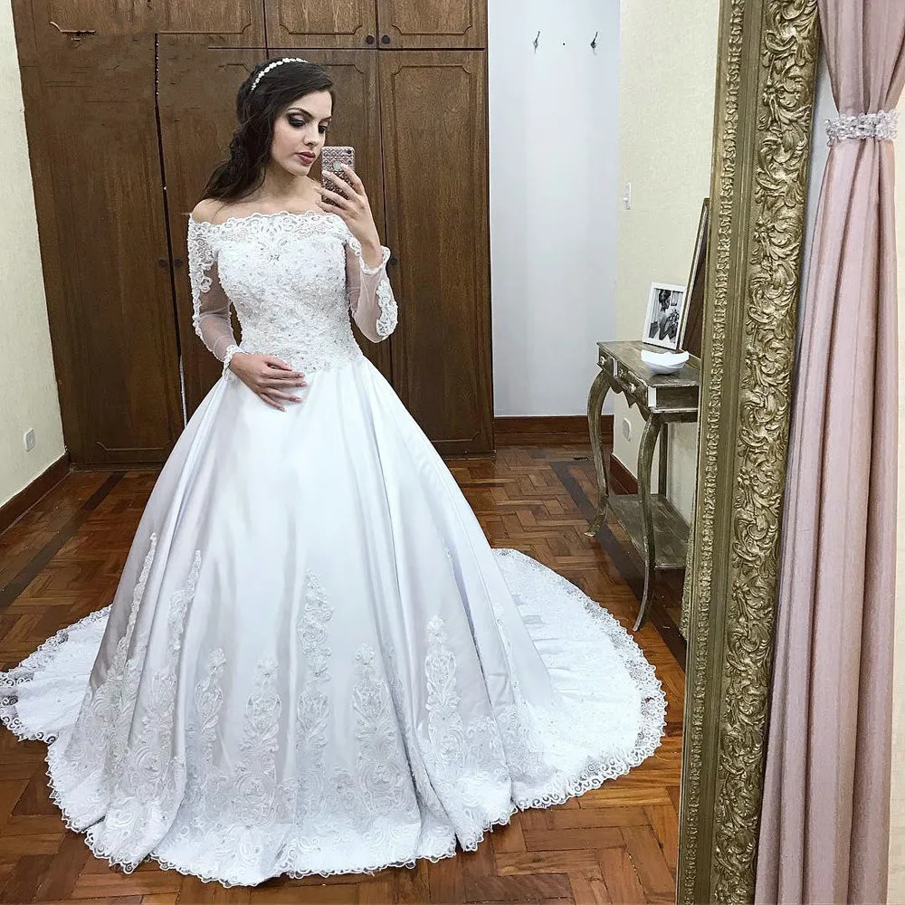 Robe mariage Винтаж Атлас свадебное платье с длинным рукавом кружевной вырез лодочкой линия развертки Поезд свадебное Vestido De Noiva