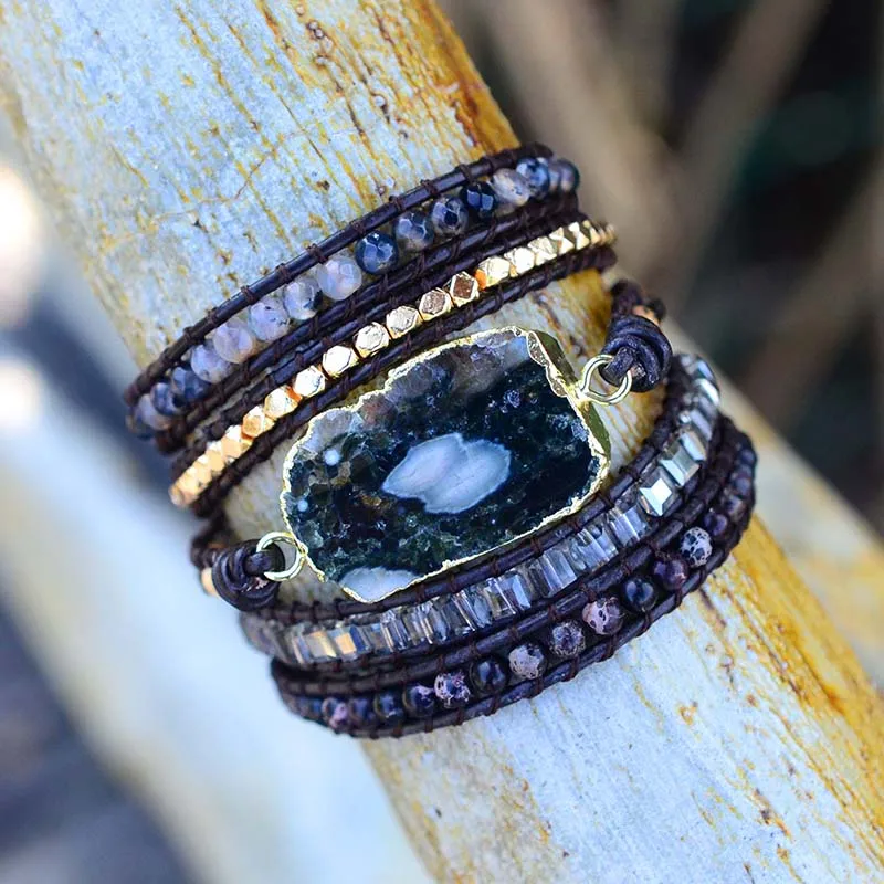 

Boho Style Natural Stone Beadwork Wrap Bracelet on Leather with Tree of Life Button