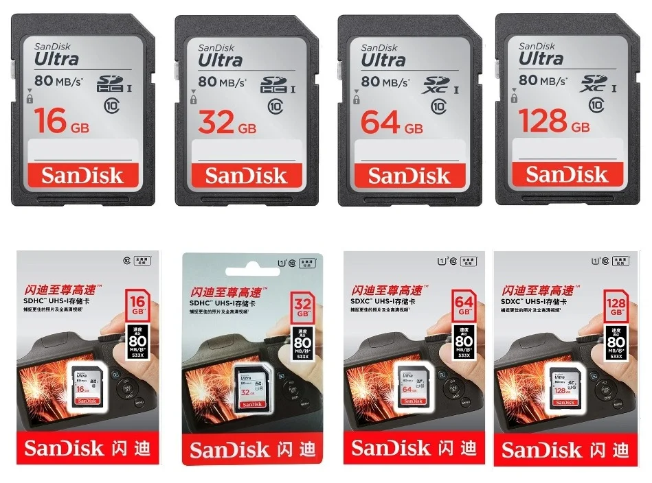 SanDisk Ultra SD карта 32GB16GB sd карта памяти 64GB 128GB C10 80 МБ/с. SDHC/SDXC UHS-I для камеры cartao sd carte memoire